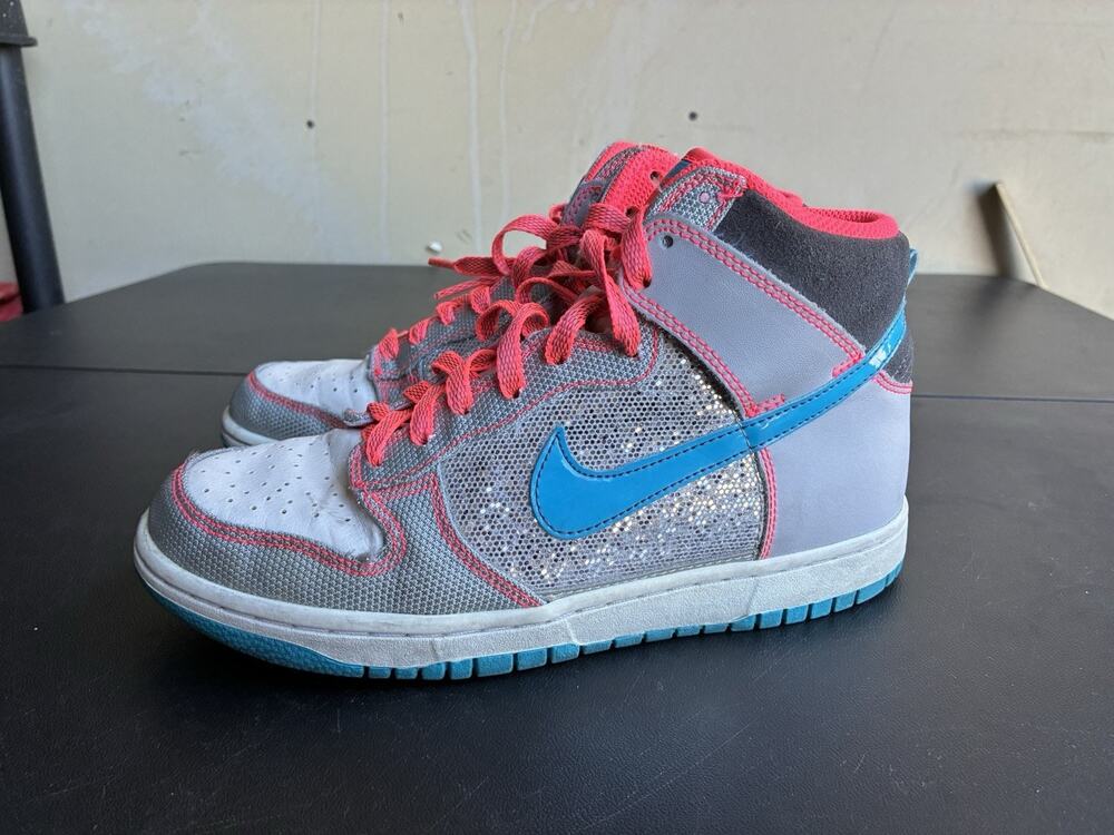 2011 Nike Dunk High 6.0 Gray/Glitter/Blue Skateboard Shoes 516848-140 Kid 6 Wome